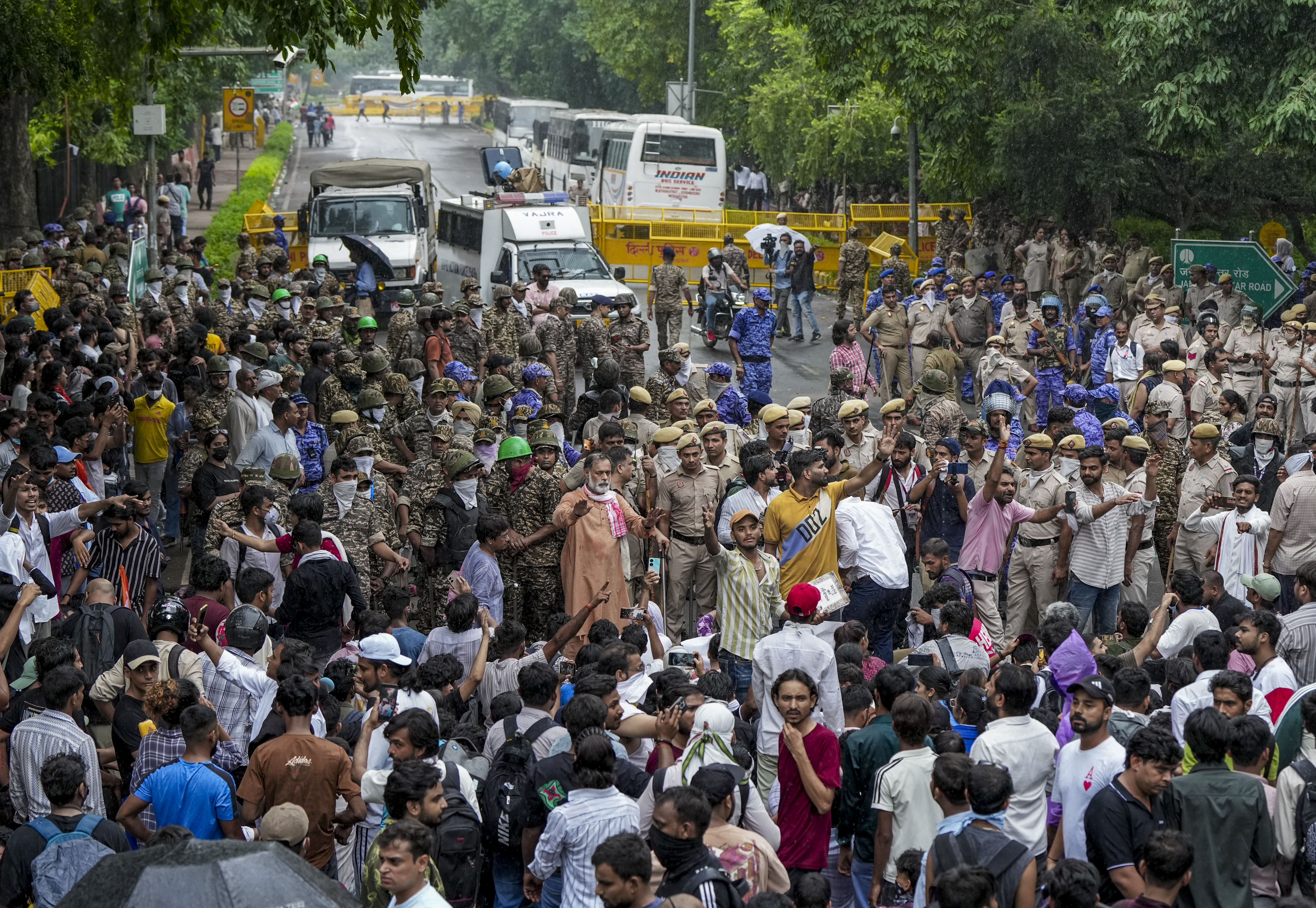 New Delhi: Political activist Yogendra Yadav with Cockroach Janata Party (CJP) supporters during a protest march, near the Parliament in New Delhi, Monday, July 20, 2026. Delhi Police is on high alert during the Monsoon Session of Parliament and CJP's proposed "Chalo Sansad" march on Monday. (PTI Photo/Arun Sharma)(PTI07_20_2026_000663B)