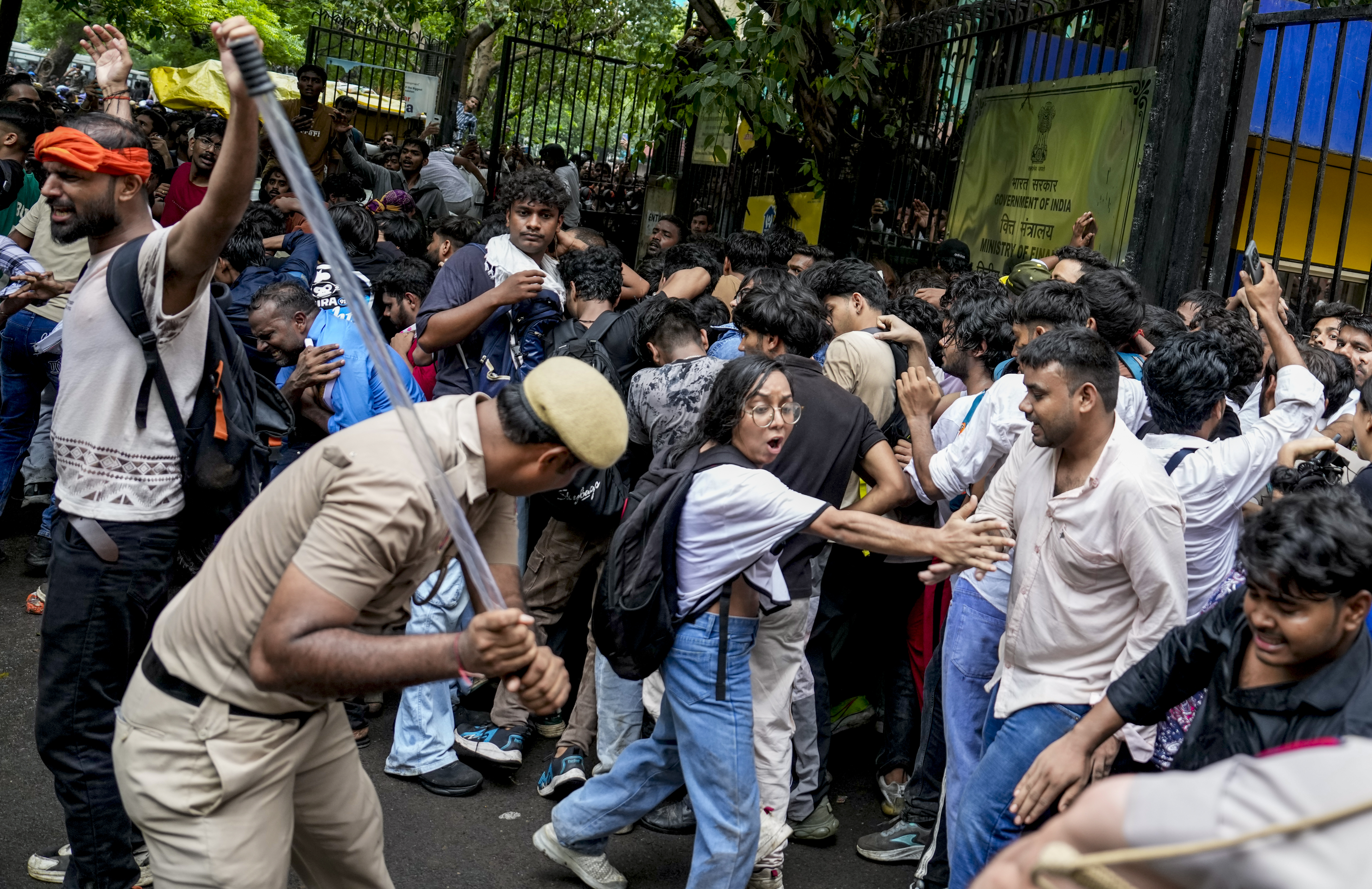 **EDS: RPT; ADDED POST PRODUCTION** New Delhi: Police personnel stop Cockroach Janata Party (CJP) supporters as they raise slogans during a protest march, at Sansad Marg, in New Delhi, Monday, July 20, 2026. Delhi Police is on high alert during the Monsoon Session of Parliament and CJP's proposed "Chalo Sansad" march on Monday. (PTI Photo/Salman Ali)(PTI07_20_2026_RPT636B)