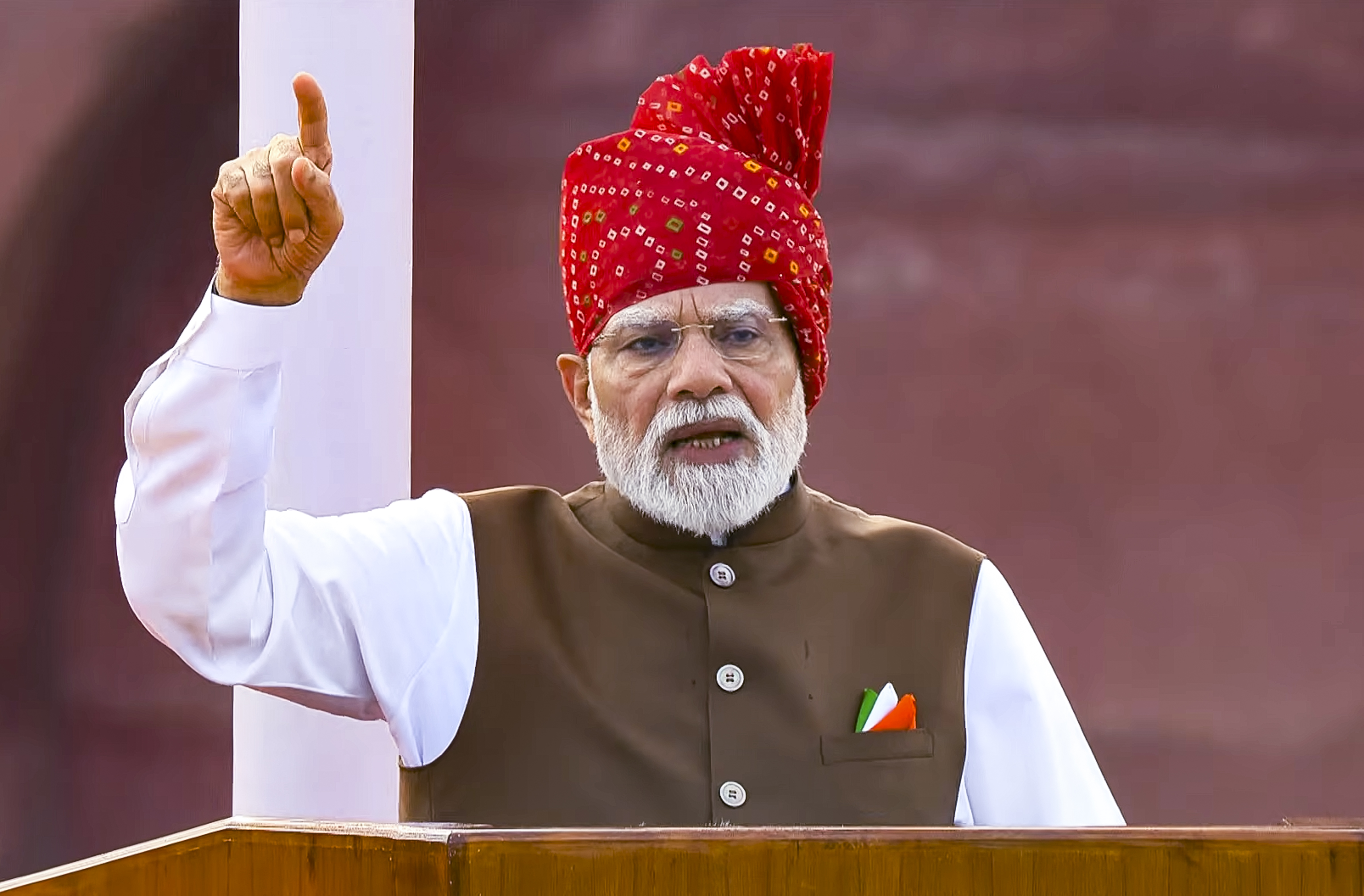 **EDS: THIRD PARTY IMAGE** In this screengrab from a video posted on Aug. 15, 2026, Prime Minister Narendra Modi addresses the nation during the 8oth Independence Day celebrations, at Red Fort in New Delhi. (@narendramodi/YT via PTI Photo)(PTI08_15_2026_000088B)